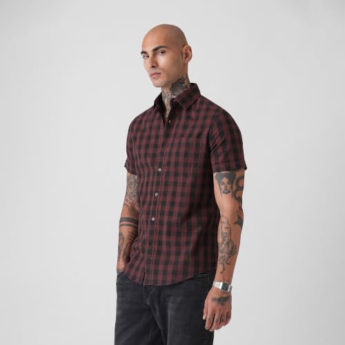 Image of BLUE BUDDHA Men Checked Casual Shirt | Tailored Fit Half Sleeve Shirt for Men | Curved Hem Ready to Wear, Office Casual & Weekend Wear