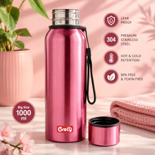 Image of GRECY Hydra Sip Steel Water Bottle 1000ml Metallic Pink | Leak Proof | BPA Free | Food Grade Stainless Steel | Rust Proof | Single Wall | Odour Free | Lightweight | School Office Travel