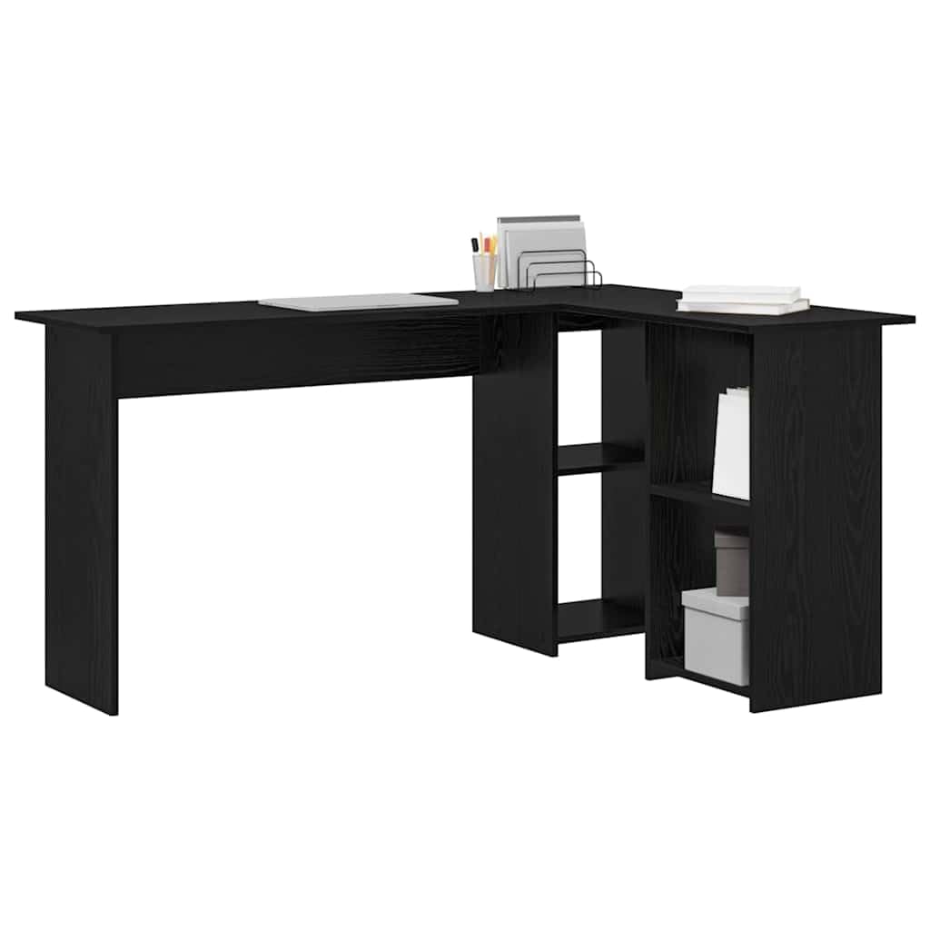 Scrivania con mensola nera, effetto rovere, in legno, 142 x 102 x 73 cm, moderna scrivania angolare per ufficio e studenti, con molto spazio e design robusto
