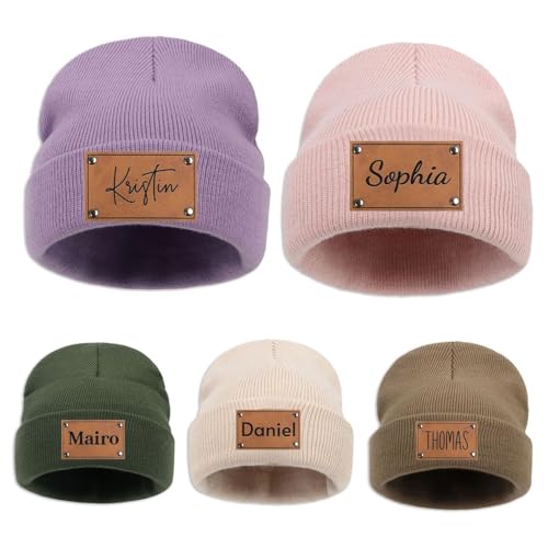 Customized Name Baby Beanie Hat Personalized Leather Beanie Newborn Child Adult Black