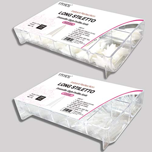 VIVACE 2PACK Natural/Clear Long Stiletto 500 Artificial Fake Nails (Total 1000Tips) 10Sizes For Nail Salon Nail Shop (28510/28512) (Long Stiletto)