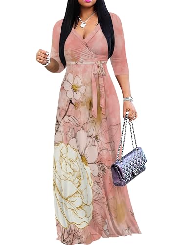 Image of Plus Size Dresses for Women Floral Print Maxi Dress Flowy 3 /4 Sleeve with Belt