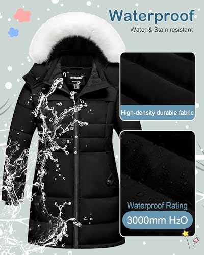 Girl's Winter Coat Kids Long Puffer Jacket Waterproof Snow Parka Warm Puffy Dress Coat with Removable Fur Hood4