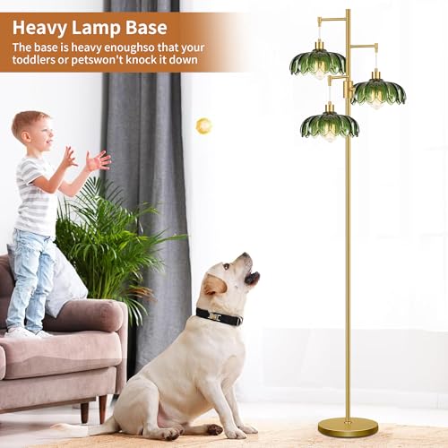 Image of Dimmable Floor Lamps for Living Room Bedroom-3 Light Gold Floor Lamp with Glass Lampshape, Flower Tall Lamp Mid Century Modern Standing Lamp Glass Tree Floor Lamps for Living Room Bedroom,Corner