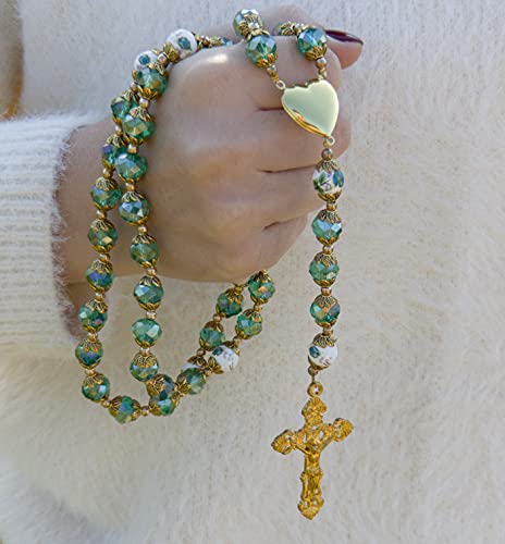Nazareth Store Catholic Green Crystal Beads 10mm Gold Rosary Flowers Beaded Necklace Miraculous Heart Locket Medal & Cross Religious Women Men Amulet 21" in Velvet Bag3