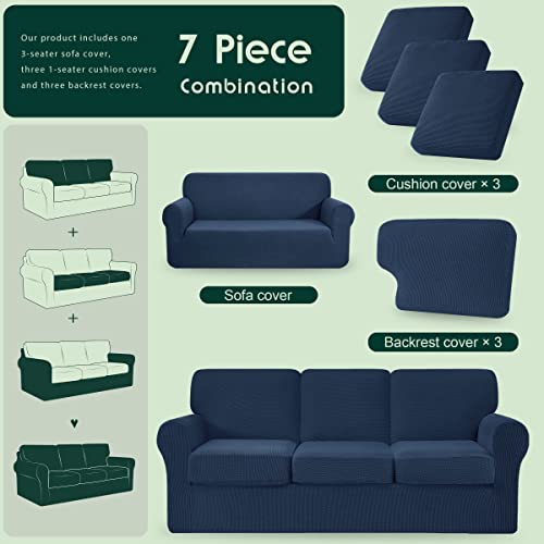 Chun Yi 7 Piece Stretch Sofa Covers For 3 Cushion Couch Covers, 3 Seater Couch Slipcover With 3 Separate Backrests And Cushions With Elastic Band, Checks Spandex Jacquard Fabric(Large, Dark Blue) #TOP2