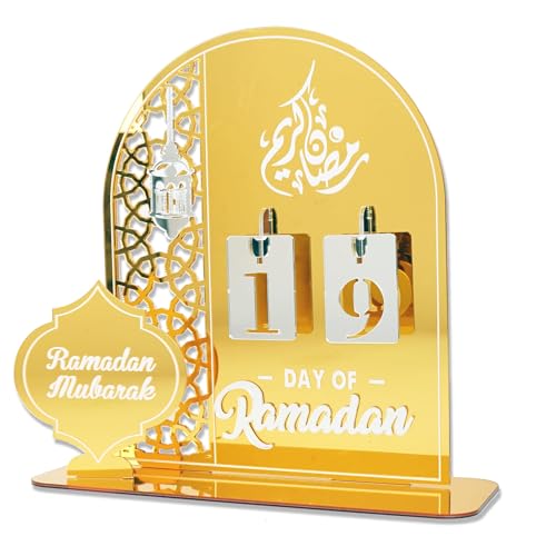 Eid Mubarak Ramadan Advent Calendar Acrylic Countdown Calendars Tracker Date Gift for Kids Arabic Muslim Islamic Holiday Table Home Decorations (Gold)