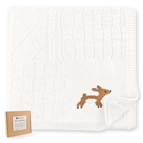 Image of Cotton Knit Baby Blanket with Plush Fleece, 31x40 Receiving Blanket for Newborn Boys & Girls, Soft Warm Stroller Blanket with Deer Embroidery, Box