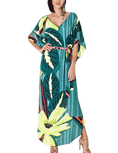Bsubseach Femmes Imprimer Kaftan Robes Col en V Plus Taille Plage Maillot de Bain Cover Ups avec Ceinture Cover