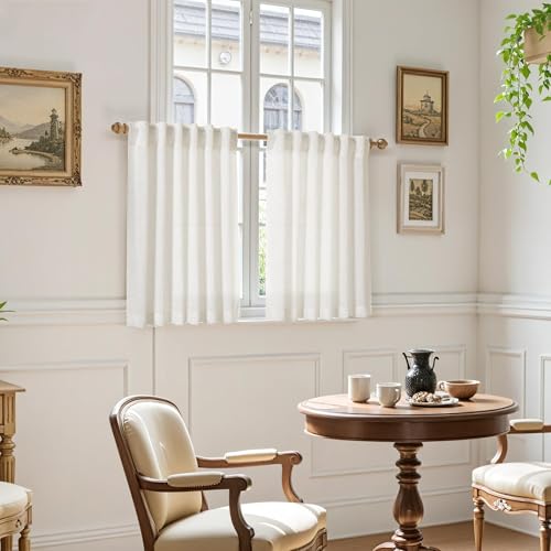 Image of Nanspring Linen Natural Curtains for Kitchen Windows Over Sink - Cafe Drapes Semi Sheer with Back Tab and Rod Pocket Lightweight Rustic Textured Cabinet Curtain for Bathroom 29 x 24 Inch, 2 Panels