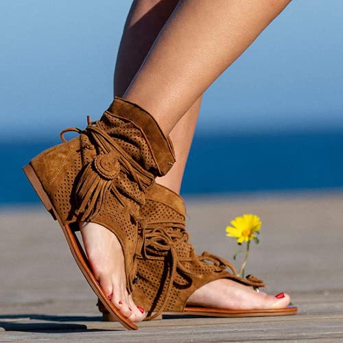 Tassel Sandals for Women, Retro Bohemian Gladiator Fringe Casual Shoes Flat Clip Toe Ankle Boots Beach Sandals T-Strap Roman Open-Toe Sandals4