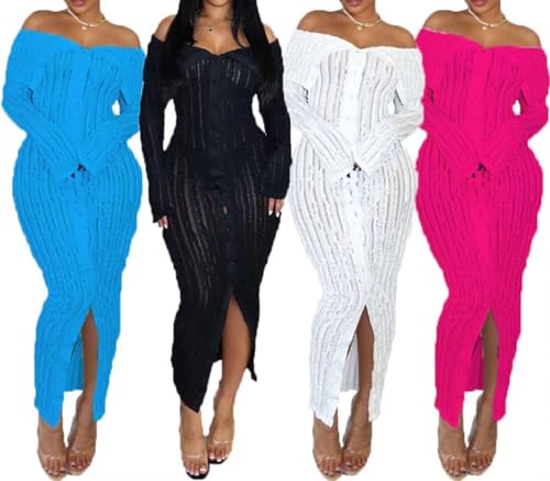 Image of Aro Lora Womens Sexy Off Shoulder See Through Pleated Button Down Slit Bodycon Maxi Dress