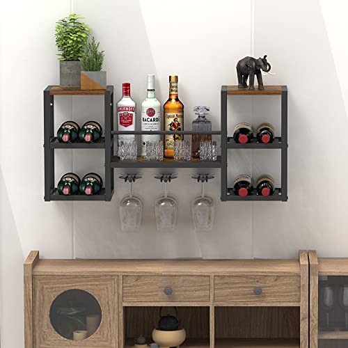 VEDECASA Industrial Brown Wall Mounted Wine Rack with 3 Steam Glass Holder Hanging Wine Rack Home Bar Shelf for Kitchen Bar Dining Room Metal Framed Woden Top