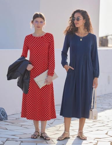 Image of Zeagoo Fall Dresses for Women Long Sleeve Midi Dress Casual A Line Dresses 2026 Pleated Flare Dress with Pockets