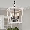 4 Light Rustic Chandelier Farmhouse Lantern Fixture with Brushed White Oak Cage and Adjustable Chain E12 Base Geometric Hanging Light Fixture Ceiling lighting for Entryway Kitchen Island Indoor Use