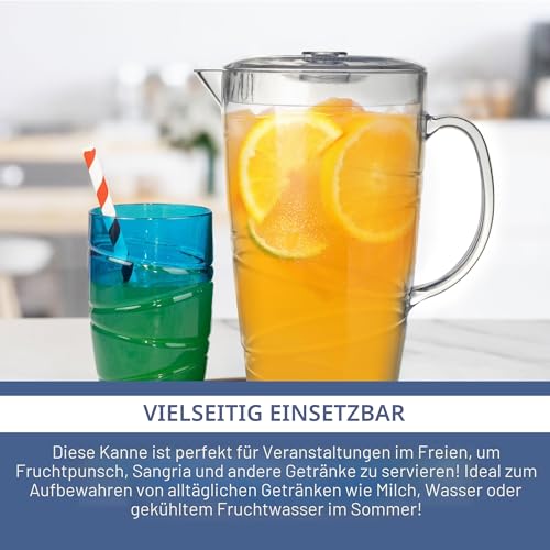 HEFTMAN Transparente Kunststoff-Krüge, 2 Liter, 2 Stück, Kunststoff-Krug mit Deckel und belüftetem Ausgießer, ideal für Cocktails, Grillabende, Partys, Camping und den täglichen Gebrauch im Innen- und