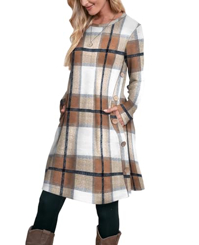 OFEEFAN Long Sleeve Dress for Women Crew Neck Tunic Dress with Pockets Buttons Side