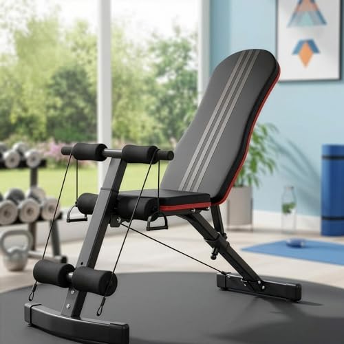 Adjustable Folding Weight Bench Multi-Position Incline Angle Exercise Bench with Armrest and Resistance Bands Durable Steel Construction Ideal for Home Workout