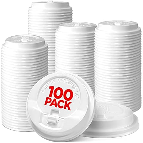 Premium Hinged Tab Dome Lids for Disposable Paper Hot Cups, Fits most 10-24 Ounce and 8 oz Squat Cups (100 Pack/White) - Recyclable, Easy-Flow Anti-Spill Design, For Home, Cafes, Office, Car, Travel Cover