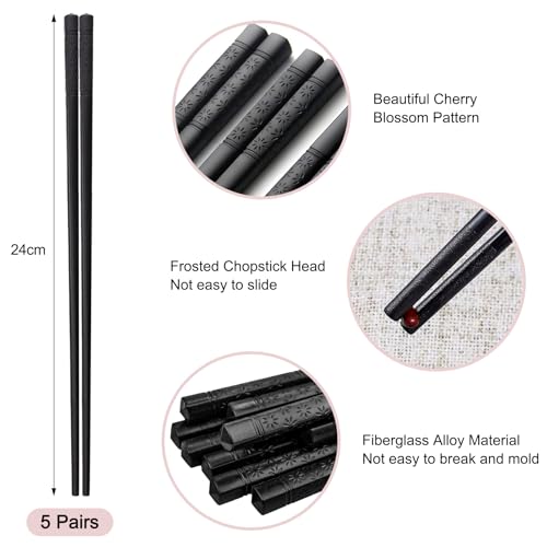 5 Paia di Bacchette Lavabili in Lavastoviglie, 24 cm, in Lega Riutilizzabili, Nere Antiscivolo per Sushi e Cucina Cinese - immagine 3