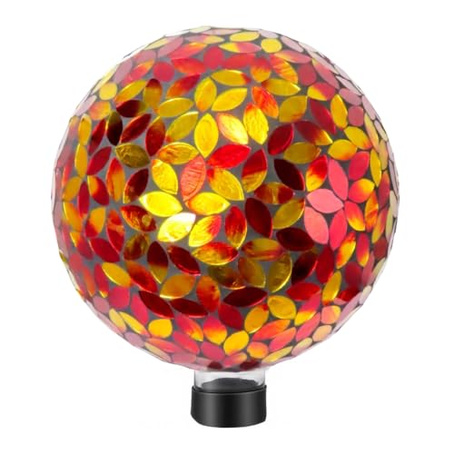 Lily's Home Colorful Mosaic Glass Gazing Ball, Designed with a Stunning Holographic Petal Mosaic Pattern to Bring Color and Reflection to Any Home and Garden, Red and Gold (10