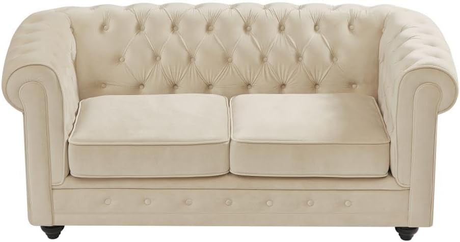 Davant view of the Vente-unique Chesterfield Beige Velvet 2 Seater Sofa