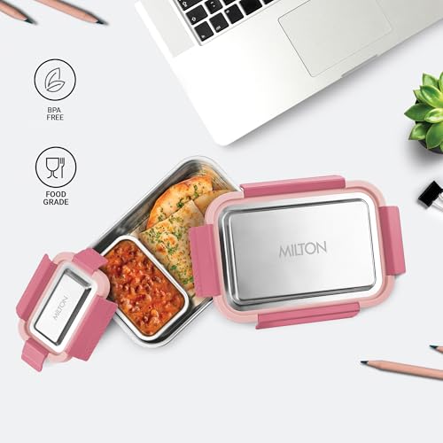 Image of MILTON Modern Meal Sr. Stainless Steel Tiffin, Set of 2 (950 ml,150 ml), Pink | Food Grade | BPA Free | Refrigerator Safe | Odour Free I Durable and Stylish Lunch Box for Home, Office & Travel