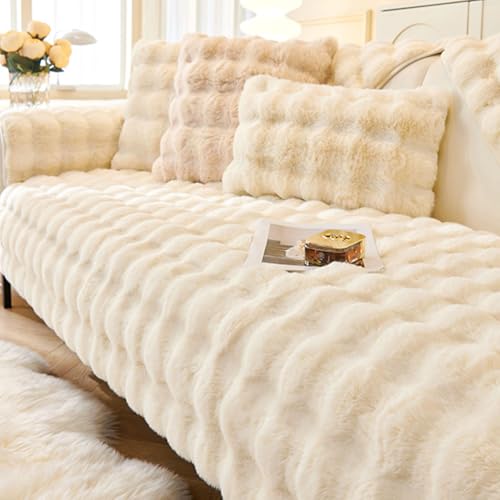 Aocase Sofa Covers, Plush Sofa Cover, Sofa Slipcovers, Non-Slip Sofa Cover 1 2 3 Seater, Fluffy Sofa Cover, L-Shaped Corner Sofa Cover Sofa Protector Machine Washable,Cream white,110×210cm