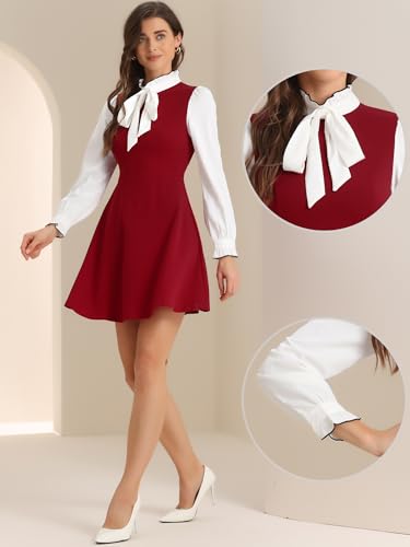 Image of Allegra K Tie Neck Dresses for Women's 1960s Vintage Long Sleeve Contrast Color Dress