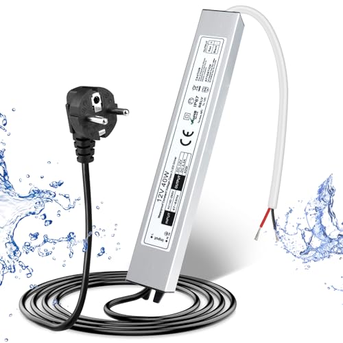 LED Trafo 12V 40W IP67, Outdoor Wasserdicht Transformator mit Stecker, Netzteil Treiber 230V auf DC 12 Volt Adapter, LED Driver Außen für LED-Streifen Lampen Strahler Lichtbänder