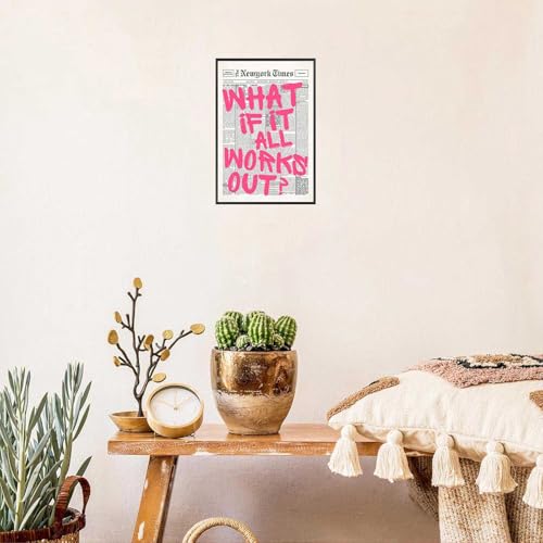 Image of Drimiler Retro Newspaper Pink Font Poster What If It All Works Out Canvas Wall Art Positive Affirming Quote Minimalist Prints Painting For Home Bedroom Dorm Wall Decor 16x24in Framed