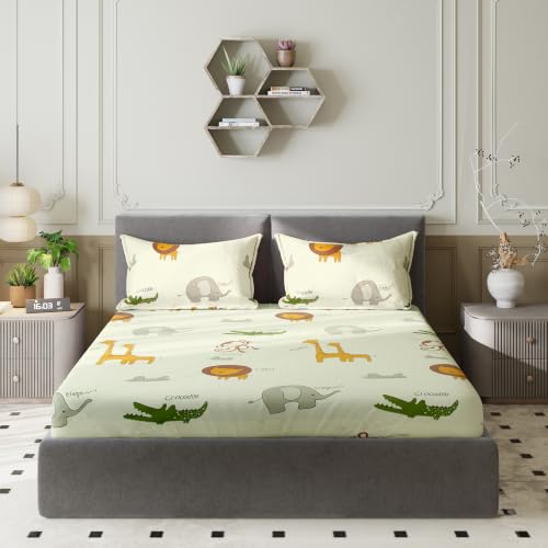 Image of Amazon Basics - 100% Cotton Kids Bedsheet | 144TC |Flat Queen Bed Sheet with 2 Pillow Cover|Soft Cotton | Cartoon Print | 88 Inch x 90 Inch, Lion Themed Queen Bedsheet