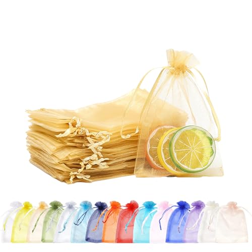 MORAINJAY 100 Piezas Bolsas de Organza,9x12cm Dorado Bolsas Organza,Bolsas Regalo Organza con Cordón para Boda Favores Joyas y Dulces