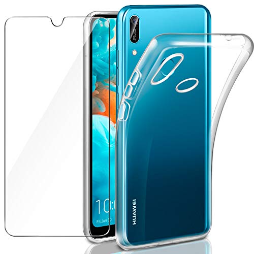 Leathlux Funda Huawei Y6 2019 + Protector de Pantalla de Cristal Templado, Suave Transparente Silicona Protectora TPU Gel Fina Carcasa para Huawei Y6 / Y6 Pro 2019