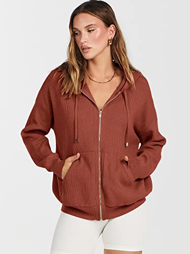 Anrabess Women's Oversized Hoodies Sweater 2023 Fall Clothes Fashion Cozy Long Sleeve Zip Up Casual Ribbed Knit Drawstring Hooded Sweatshirt Jacket Coat 791Xiuhong-L Rust #TOP3