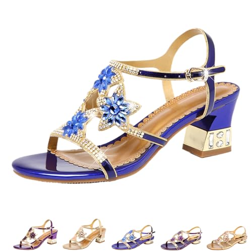 Women's Genuine Leather Crystal Dress Block Heel Sandals Fashion Rhinestone Flower Decor Round Open Toe Adjustable Ankle Buckle Casual Chunky Heel Sandals for Party Wedding Work