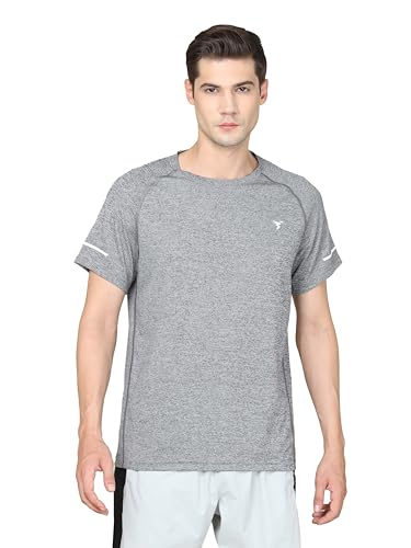 Image of TECHNOSPORT Men's Melange Slim Fit Round Neck T-Shirt Double Cool Raglan Sleeve Slip On Polyester for Gym Running Workout UPF50+ Anti Odour