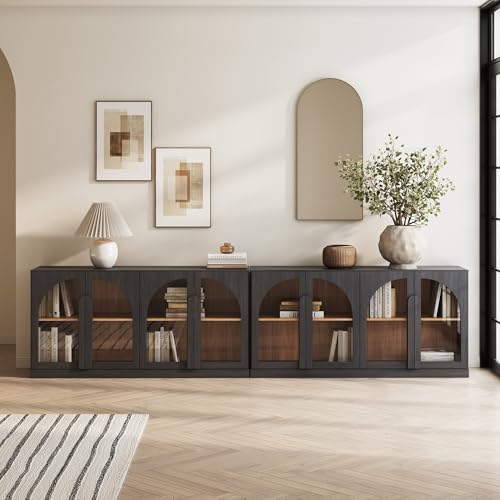 Image of BELLEZE Set of 2 Bijou 64 inch Modern Buffet Sideboard, Mid-Century Arched Glass Door Cabinet, Wood Grain Storage Console for Living Room, Kitchen, Entryway - Ebony