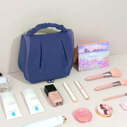 Image of Cortina Large Travel Toiletry & Makeup Organizer Bag - for Men & Women - Portable Cosmetic Storage Bag with Handle & Zipper Closure - Dark-Blue