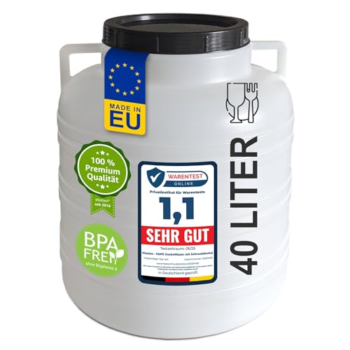plasteo® Barril de boca ancha de 40 litros con tapa y asas, redondo, natural, apto para alimentos y sin BPA, barril de plástico universal, barril de agua, barril de lluvia, barril de almacenamiento,