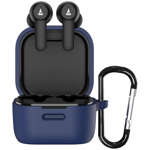 Image of Sounce Earphone Case Cover Compatible for Boat Airdopes Fuel, Soft Silicone Skin Case Cover Shock-Absorbing Protective Case with Keychain [Front LED Visible](Blue)