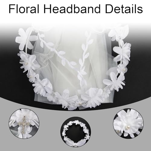Degpum First Communion Veil for Girls First Communion White Floral Wreath Lace Veil3
