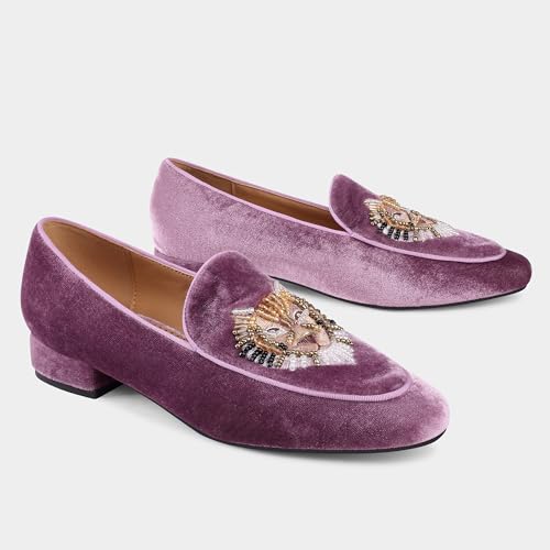 Image of Embroidered Loafers for Women Round Toe Chunky Heel Velvet Flats with Lion Head Pattern Wide Width Dress Casual Shoes