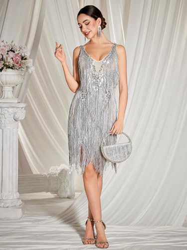 meilun Sequin Fringe Mini Dress Silver Slightly Sheer V-Neck Sleeveless Party Dresses3
