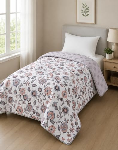 Image of RRC Jaipuri Beautiful Floral Print in White and Green Jaipuri Rajai /Razai /Quilt Single Bed Quilt /Comforter /Ac Quilt /Ac Comforter, Cotton, Lightweight Pack of 1, 200 GSM