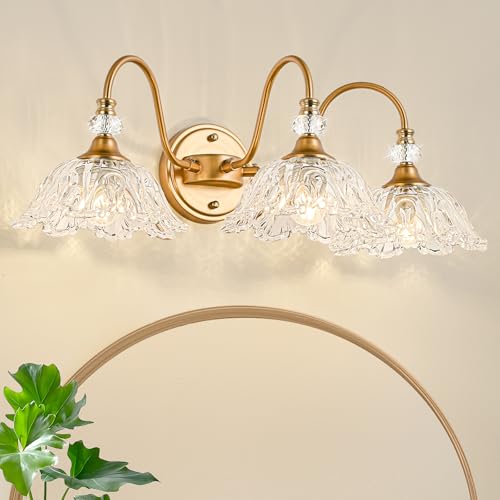 Image of Vintage Bathroom Vanity Light, 3-Light Matte Brass Finish Vanity Light with Floral Clear Glass Shades, Retro Wall Sconce for Bathroom, Dressing Table