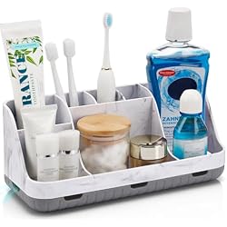 GFWARE Marble Bathroom Countertop Organizer - Detachable 7 Slots Kids Electric Toothbrush and Toothpaste Holde Drainage for Bathroom Accessories Organization Counter Vanity Storage, Grey