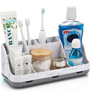Marble Bathroom Countertop Organizer – Detachable 7 Slots Kids Electric Toothbrush and Toothpaste Holde Drainage for Bathroom Accessories Organization Counter Vanity Storage, Grey