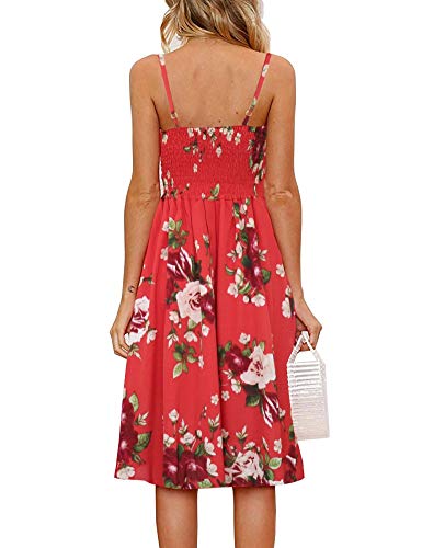 Image of FANCYINN Womens Tie Front Button Down A-Line Dresses Summer Spaghetti Strap Midi Dress Floral Prints