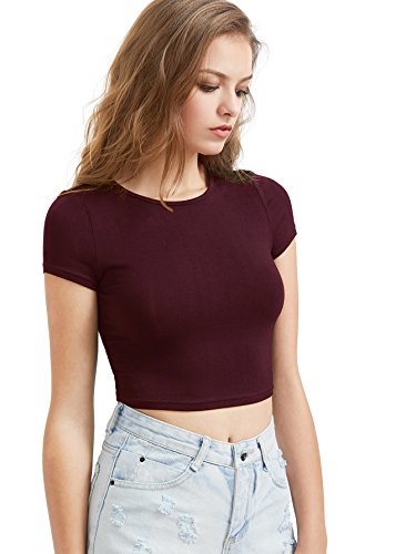 SweatyRocks Women's Basic Short Sleeve Scoop Neck Crop Top Dark Burgundy Medium